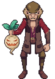 An idle animation for Stingy Jack. He's huffing and puffing his chest, holding his signature jack-o-lantern. His clothes are tattered and hastily cobbled together.
