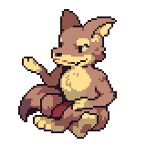 An animation of Coyote sitting and talking. He rests one paw on this leg and gestures with the other. His tail swishes behind him.