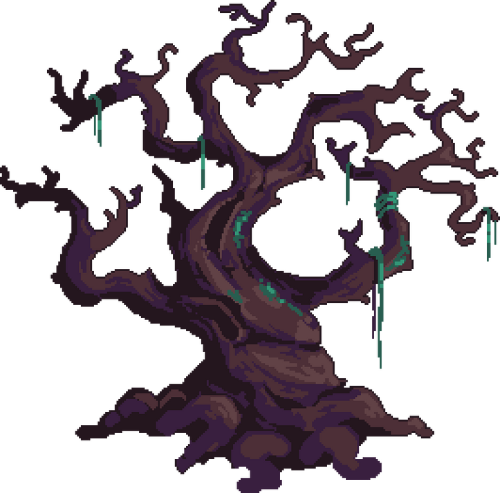 A dark, foreboding Garry Oak tree with vines melting down it. Its branches are twisted and gnarled.