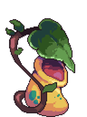 A large yellow pitcher plant with green spots. A vine growing up to the top covers the opening of the plant with a large leaf.