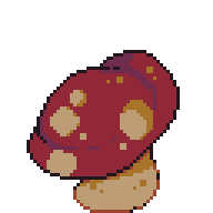 Mushroom A mushroom with a red cap that's spotted yellow, with a yellow body.