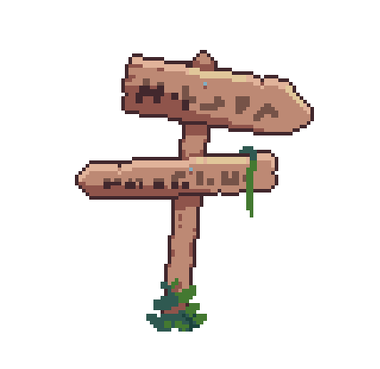 A directional sign with animated vegetative growth. The wooden planks that make up the directions are illegible.