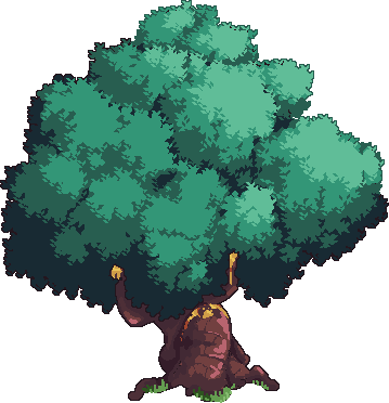 A large oak tree. Its leaves shine a bright bluish green under the moonlight, and there's a yellow substance leaking from it.