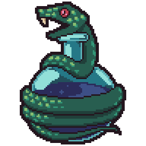 Snake Oil A green snake wrapped around a round bottom flask. The snake's mouth is open, displaying a fang, and its red eye is open.