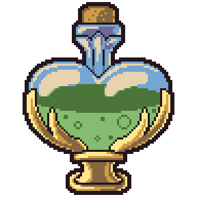 Ego Boost A pixel art image of a glass vial in the shape of a heart. It has a cork, a ribbed neck, and golden ornamentation at the base.