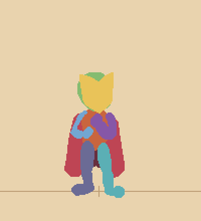 Animation Process 1 A GIF of Kid waving a marotte in the air. Rather than a fully rendered animation, it shows the Roughs, the first step in the animation process. Kid's limbs and body are blocked out into basic colors, and his cloak is the only animated clothing.