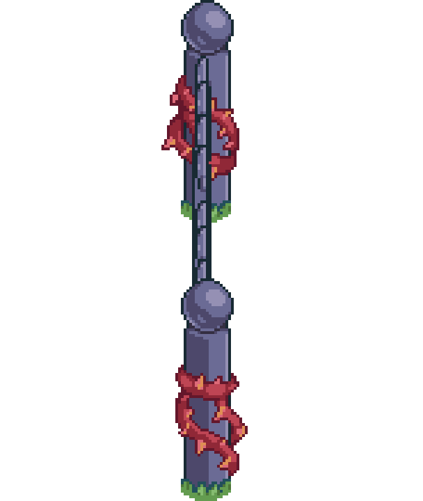 A GIF of an iron gate opening. Its posts are wrapped in brambles, and there is grass at its base.