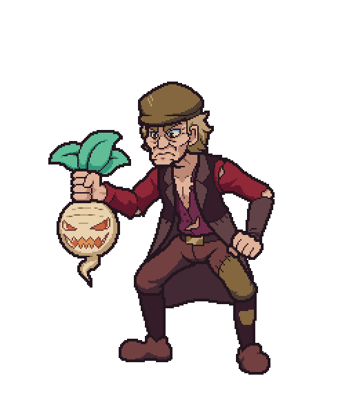 A GIF of a pixel art Stingy Jack bouncing in an idle loop.