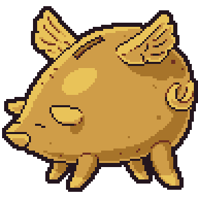 A golden, winged piggy bank. It has stubby legs, small wings, and a coin slot at the top for coins.