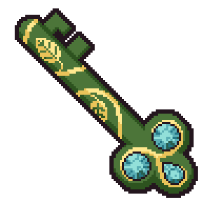 Mysterious Key A green key with vines etched into the shaft. It has three cut blue gems embedded in the bow.