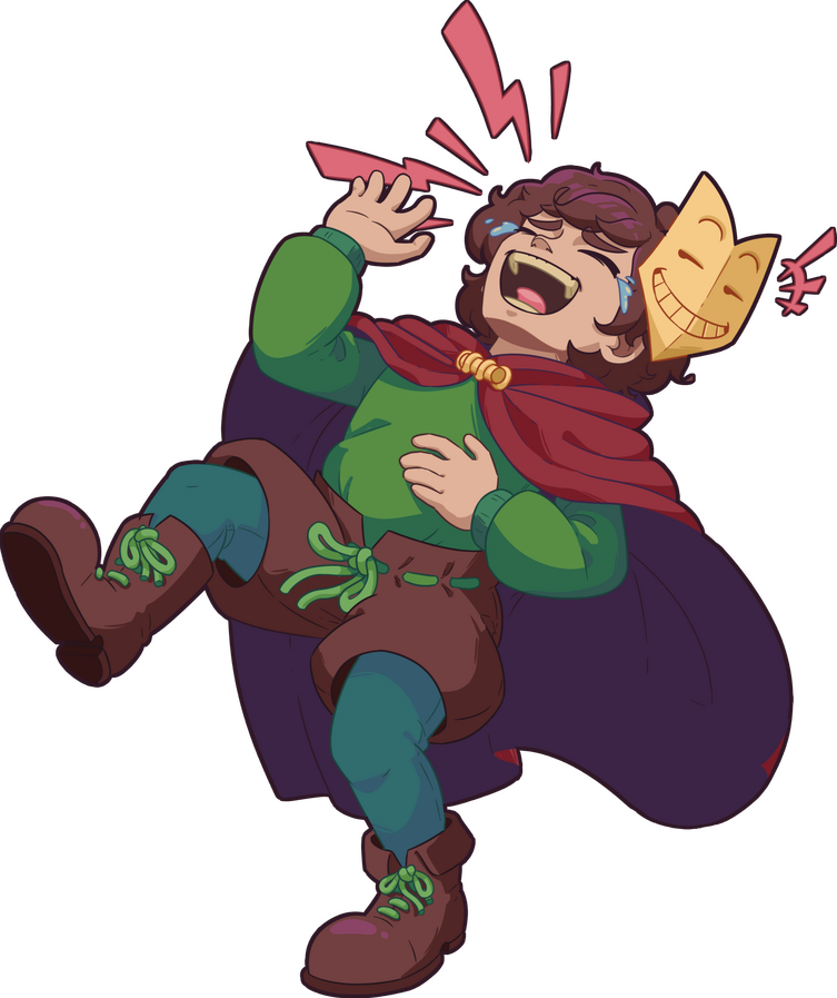 Kid and Masque. Masque has a smug, self-satisfied look on his face. Kid is bent backwards, laughing so hard that tears have formed.