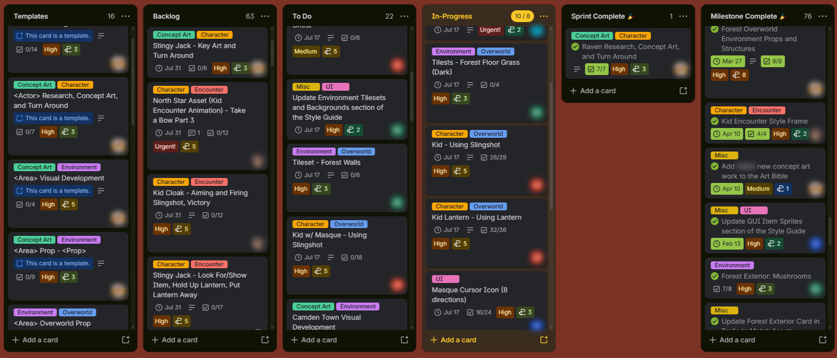 The Trello board. It shows six columns: Templates, Backlog, To-Do, In-Progress, Sprint Complete, and Milestone Complete. There are various cards under each column, and the cards are categorized using tags such as "Concept Art", "Character", "Environment",