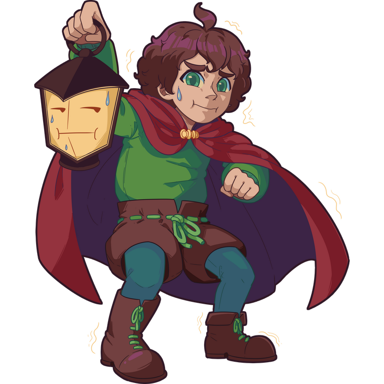 An illustration of Kid and Masque. Masque is transformed into a lantern and Kid is holding him up. Kid looks nervous, shivering and sweating. Masque is also sweating, but looks more embarrassed than nervous.