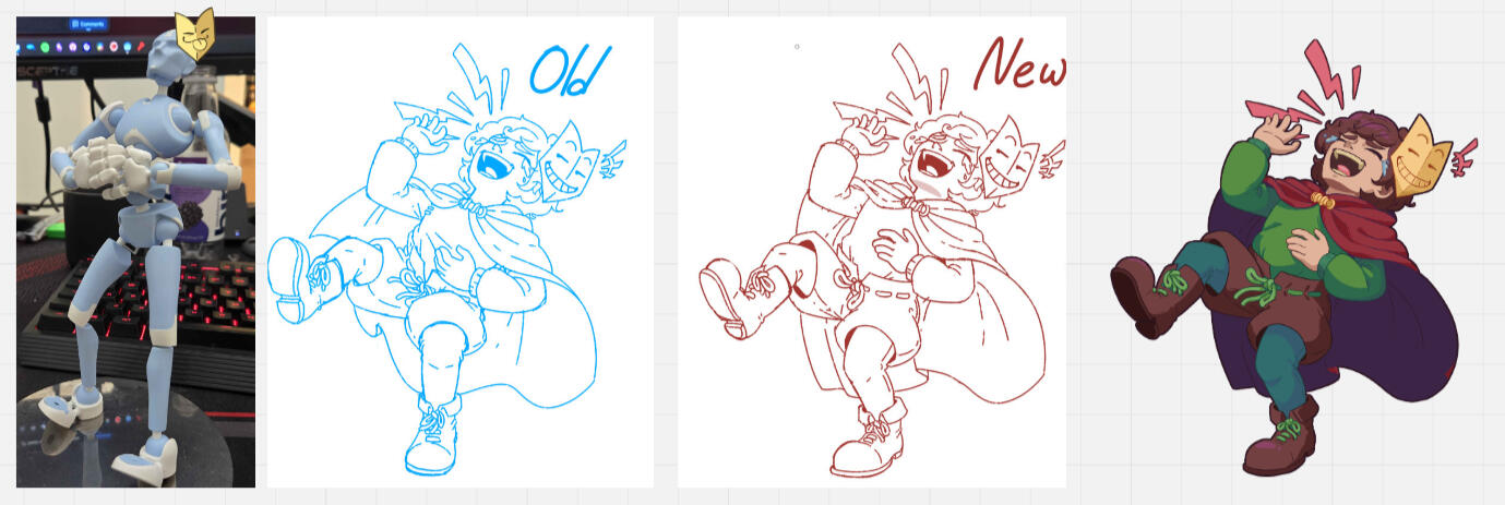 A series of images showing the concept art pipeline for key art of Kid. The first is a photgraph of a posed Sticky Bones mannequin with an image of Masque blowing a raspberry added on top. Next is an initial sketch of Kid doubled back laughing, followed by
