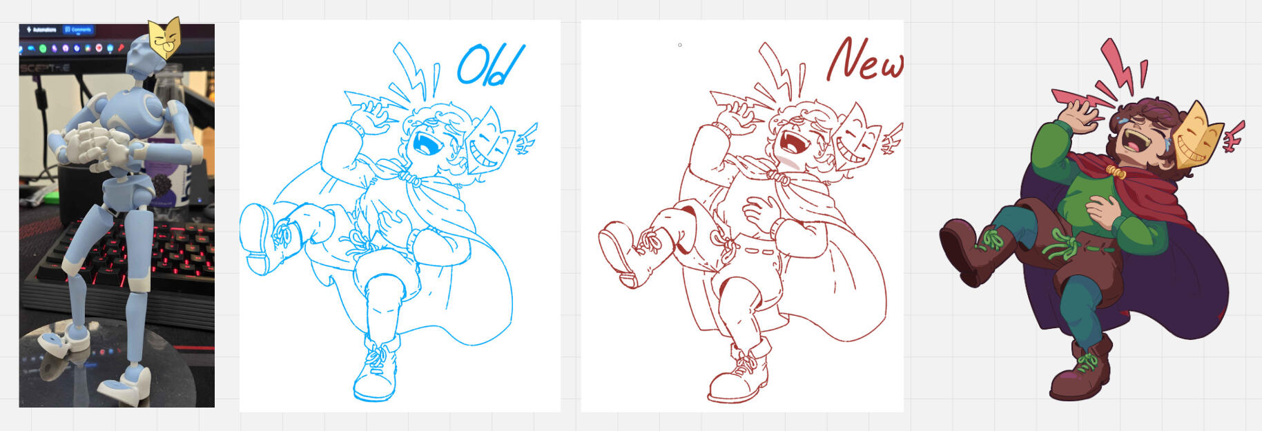 A screenshot showing the pipeline for a piece of Key Art deaturing Kid and Masque at various stages. The image starts with a posed mannequin with an image of Masque on top. The second step shows the first sketch of Kid and Masque, with a suggested adjustme